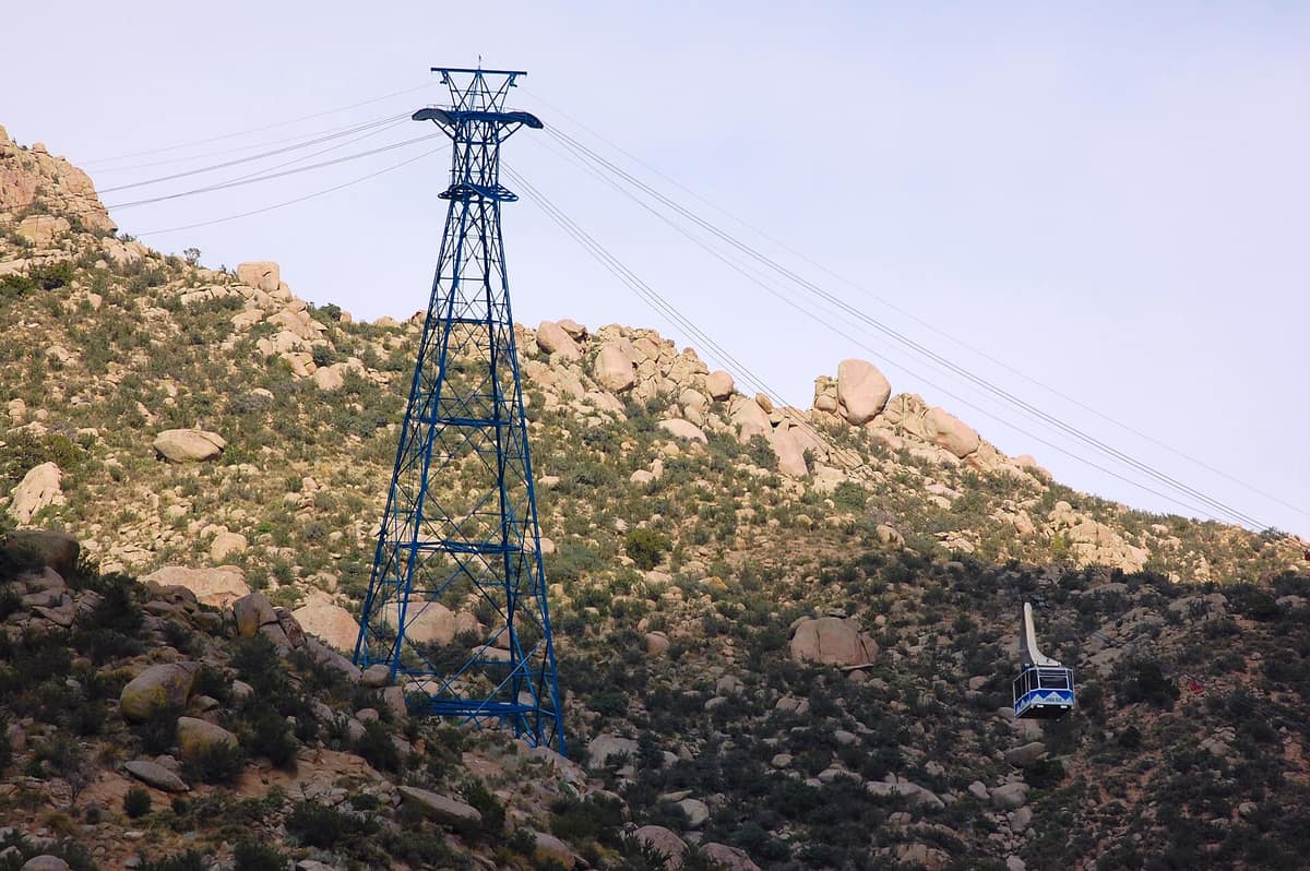 A tramway car rising to the first tower